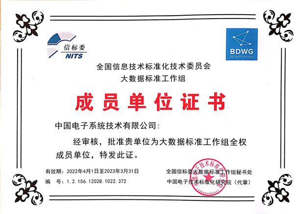 大數(shù)據(jù)標準工作組成員單位證書-3044am永利系統(tǒng)